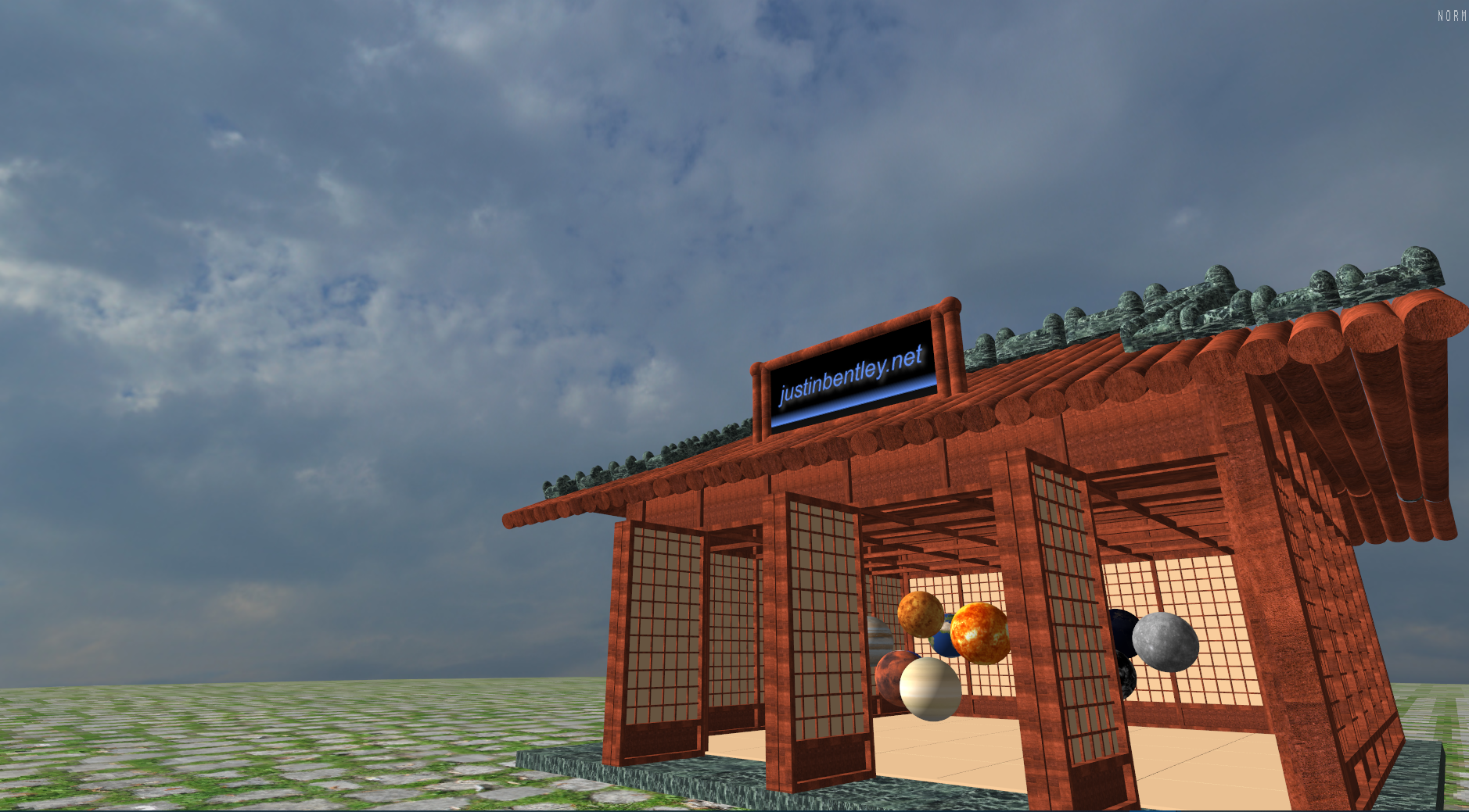 VR Tai Chi room scene render with justinbentley.net on the billboard